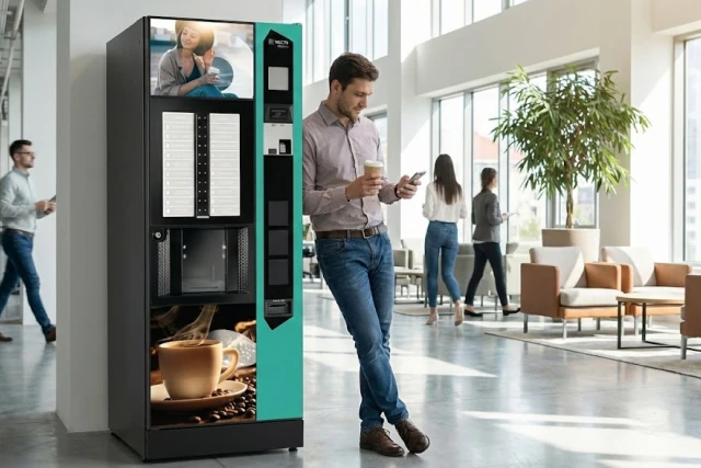 Zákazník vychutnávajúci kávu z vendigového automatu Touchme