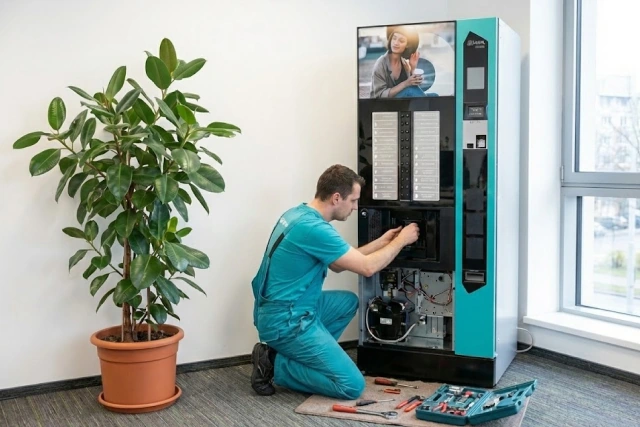 Servisný technik opravuje vendigovou zostavou Touchme